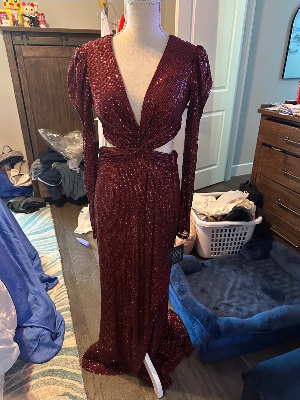 Mac Duggal Burgundy Sequined Criss Cross Long Sleeve Gown
